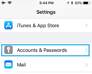 iPhone 设置屏幕上的帐户和密码选项