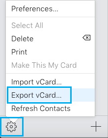 在 iCloud 中导出 vCard 选项