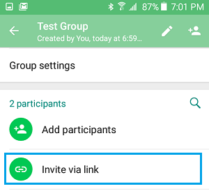 通过 WhatsApp 组中的链接选项邀请